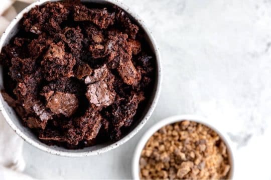 brownie crumbles in a small white bowl