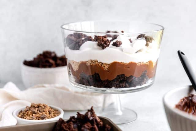 Layered dessert served in a trifle bowl.