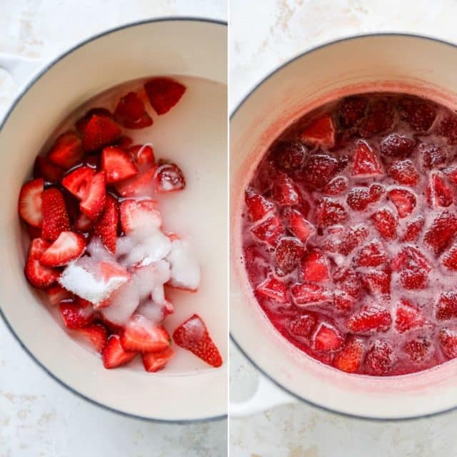 boiling strawberries to make strawberry simple syrup