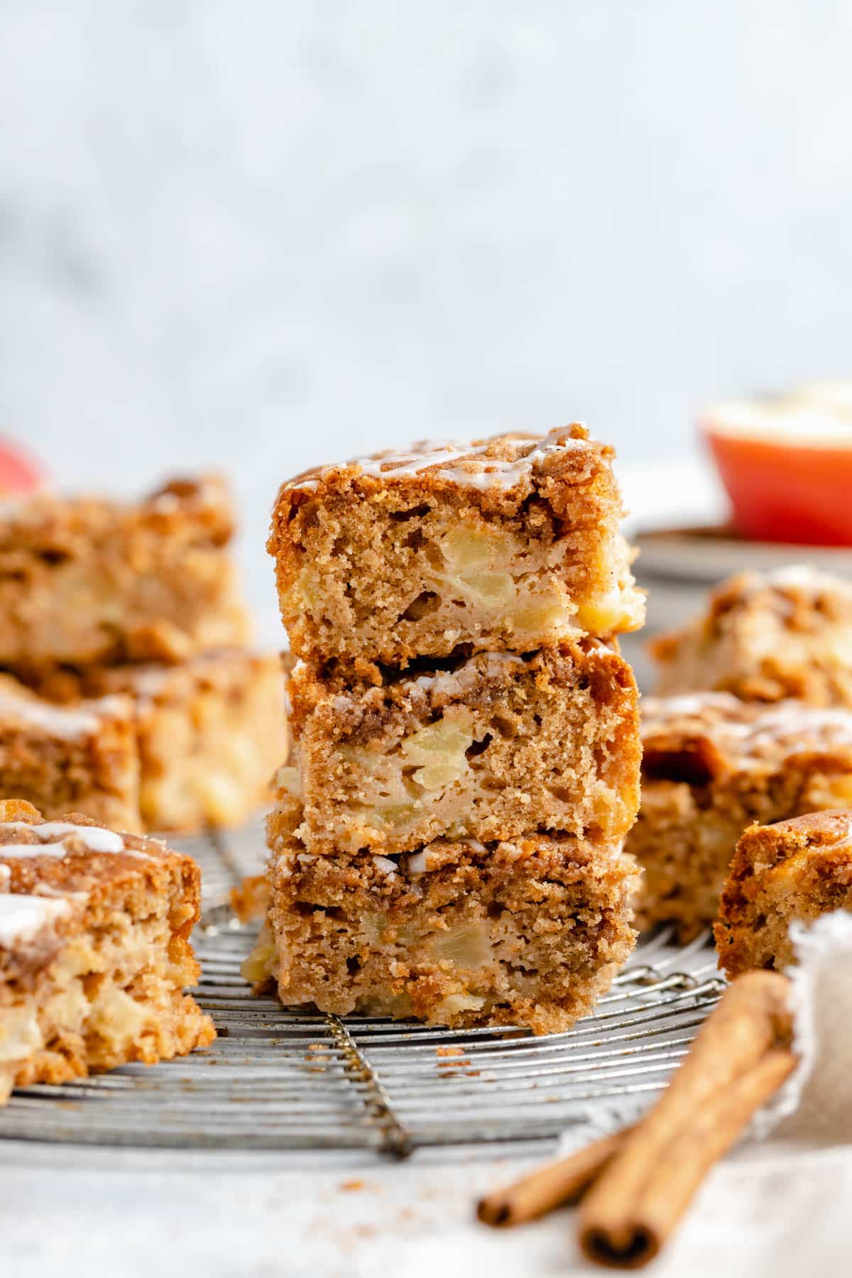 three servings of apple coffee cake stacked