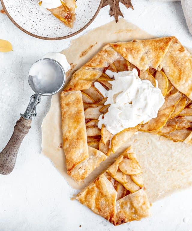 pear galette topped with vanilla ice cream