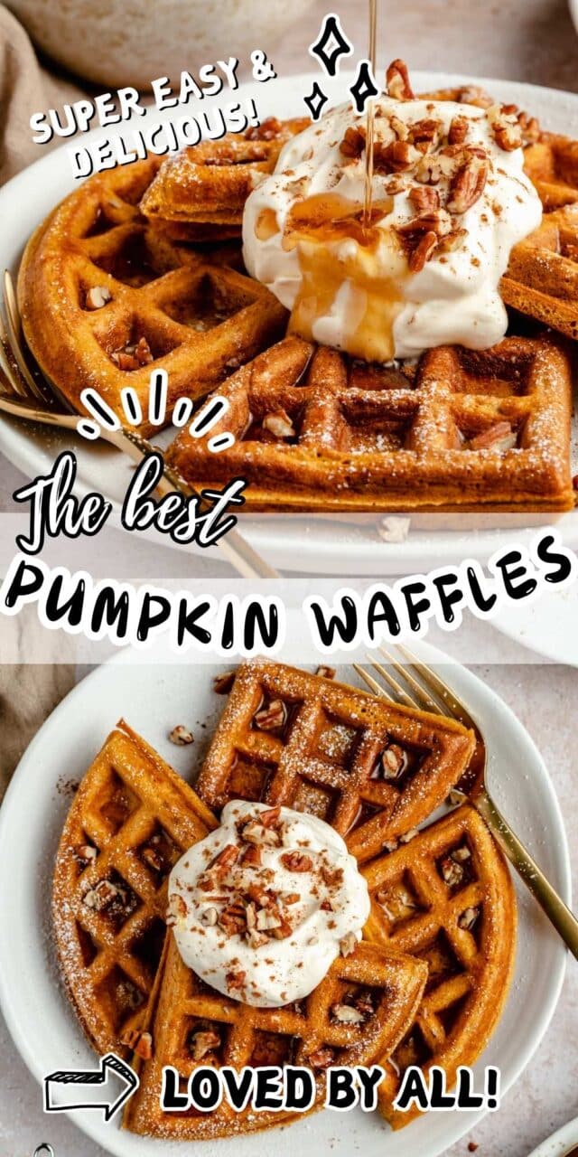 Pumpkin waffles served with a dollop of whipped cream and chopped pecans.