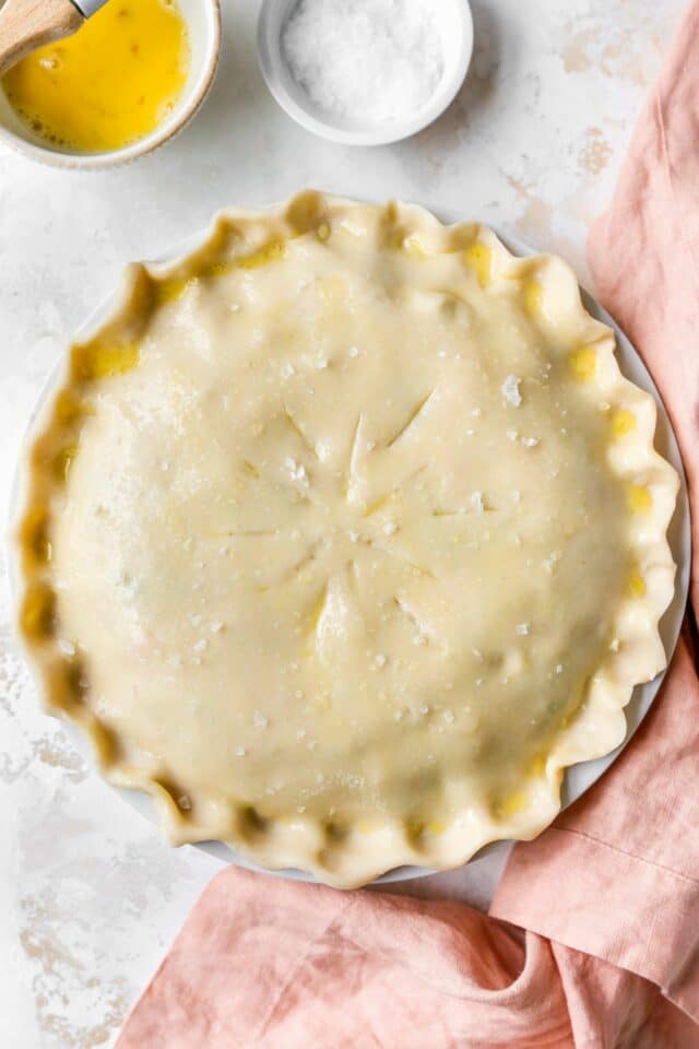 Pie with a fluted, egg-washed crust.