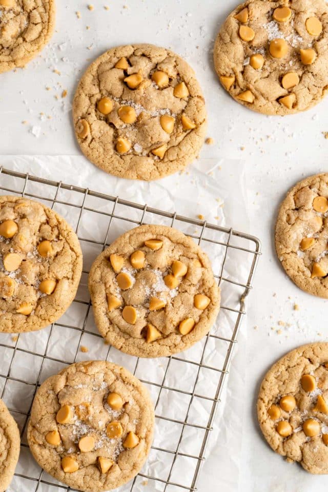 cookies topped with butterscotch chips and sea salt