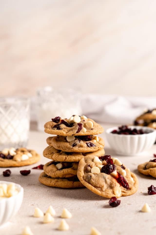 white chocolate cranberry cookies stacked
