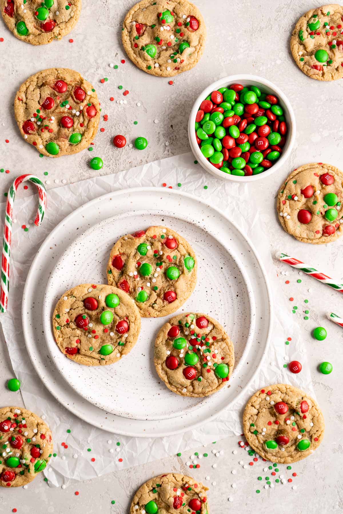 M&M Christmas cookies on a plate.
