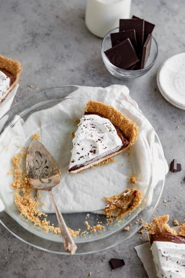 slice of chocolate pudding pie in a pie dish