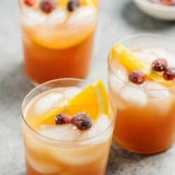 Vodka cranberry cocktail with sugared cranberries and orange slices.