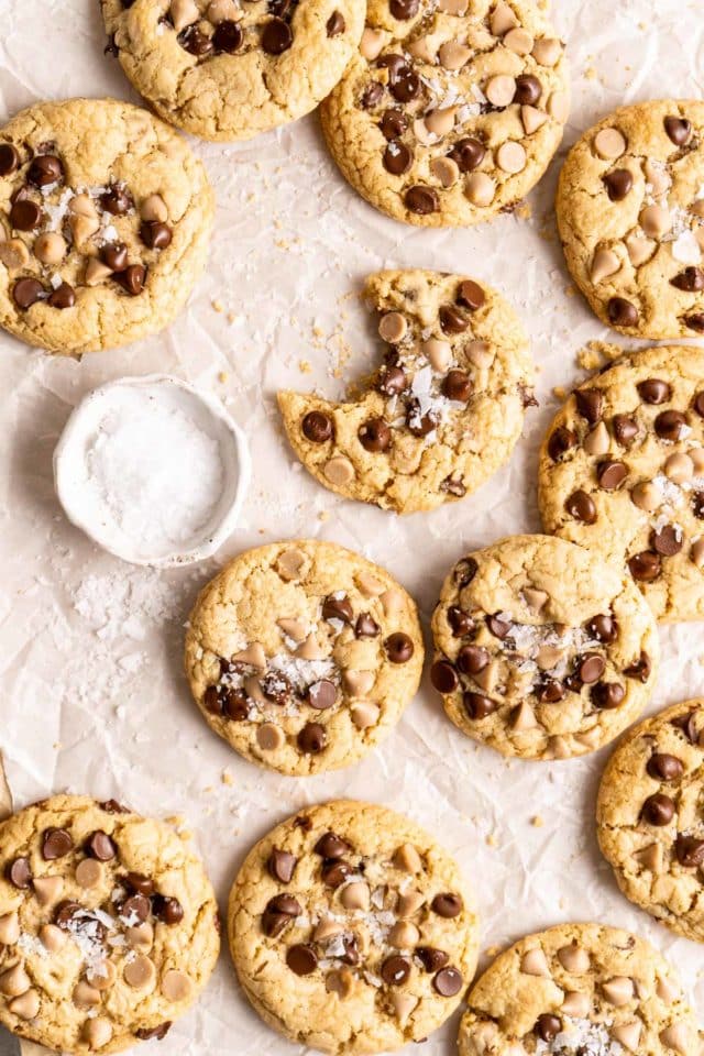 chocolate chip caramel cookies on parchment paper