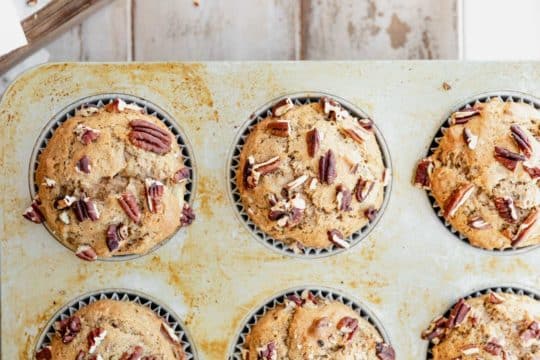 baked banana nut muffins in muffin pan