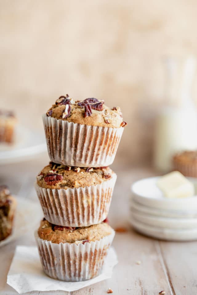3 stacked banana nut muffins