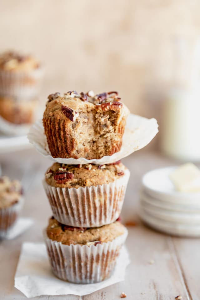 stacked banana nut muffins