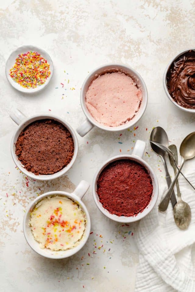 different flavors of mug cakes made with cake mix