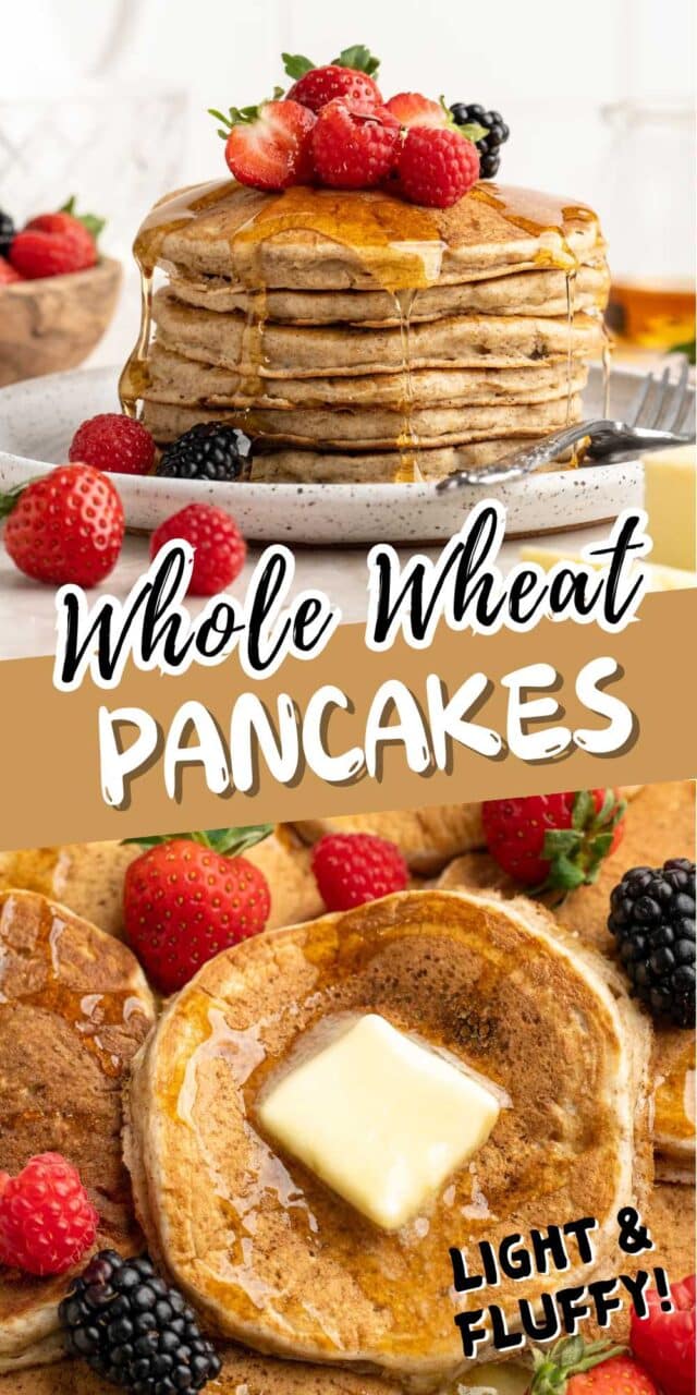 Whole wheat pancakes topped with butter, berries and syrup.
