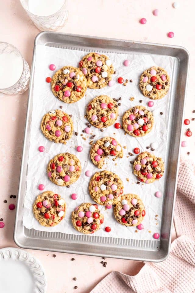 Valentine cookies on a cookie sheet pan
