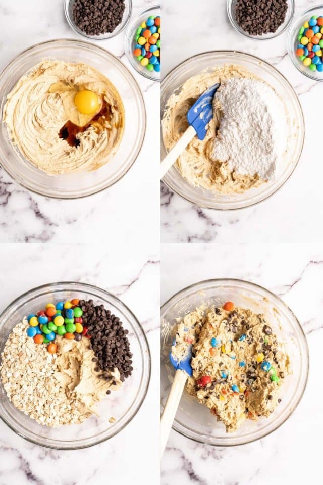 mixing ingredients in a large bowl to make monster cookies