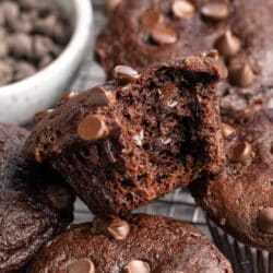 Chocolate banana muffins with a bite taken out of one.