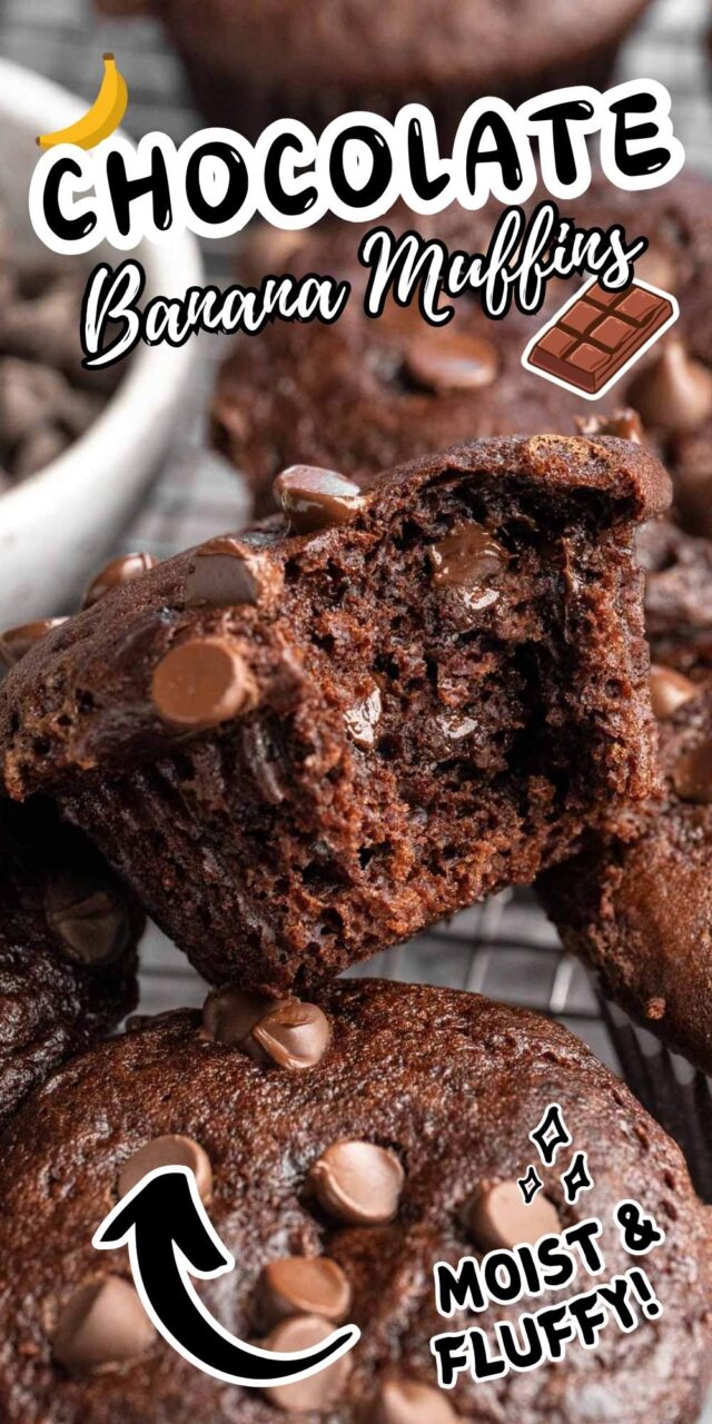 Chocolate banana muffins with title and small banana and chocolate bar icon.