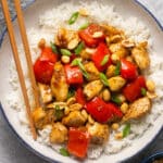 Kung Pao Chicken served over white rice.