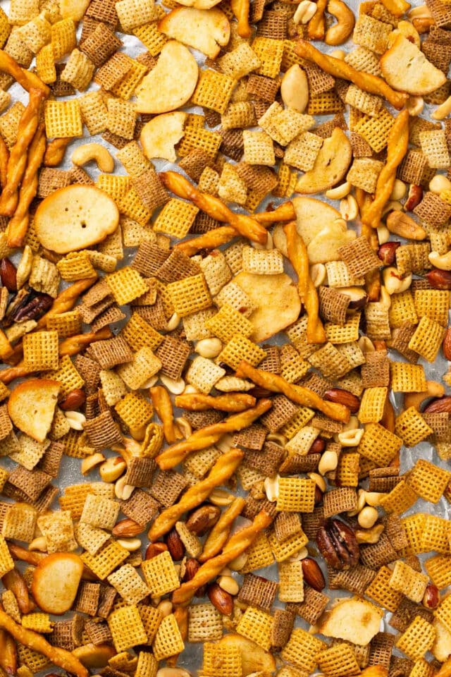 Snack mix made with Chex cereal, pretzels, bagel chips and nuts.