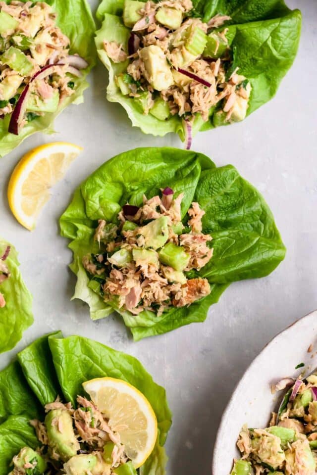 Tuna salad with avocado served in lettuce cups.