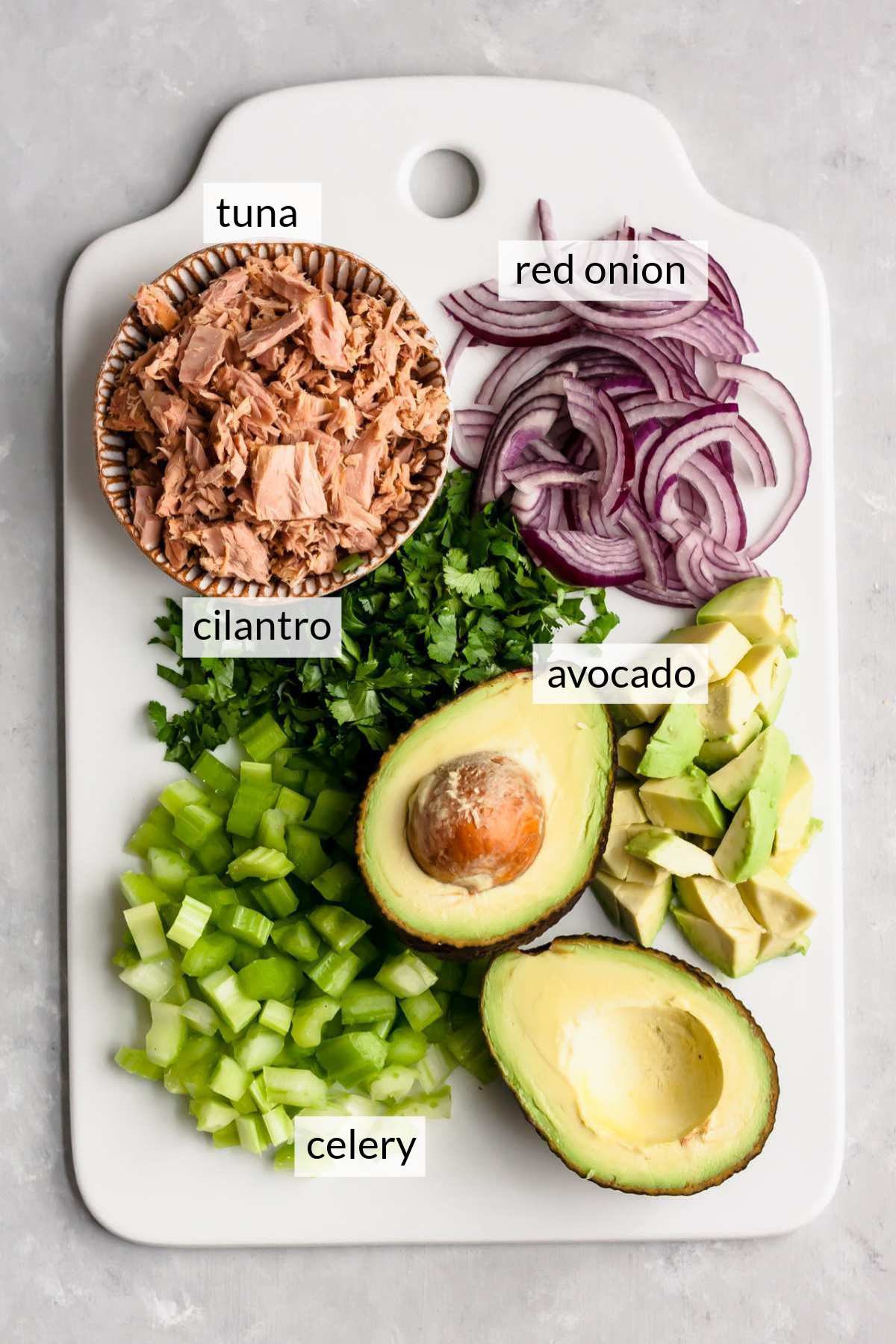 Tuna, sliced red onion, chopped celery, cilantro and avocado on a white platter.