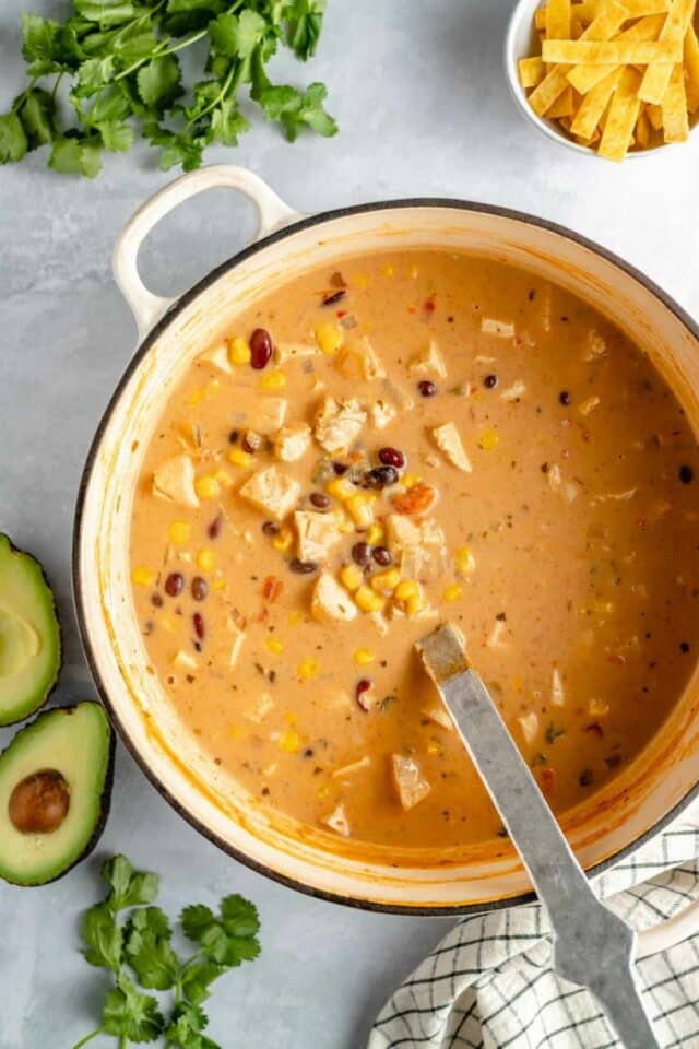 Stirring chicken tortilla soup in a large pot.