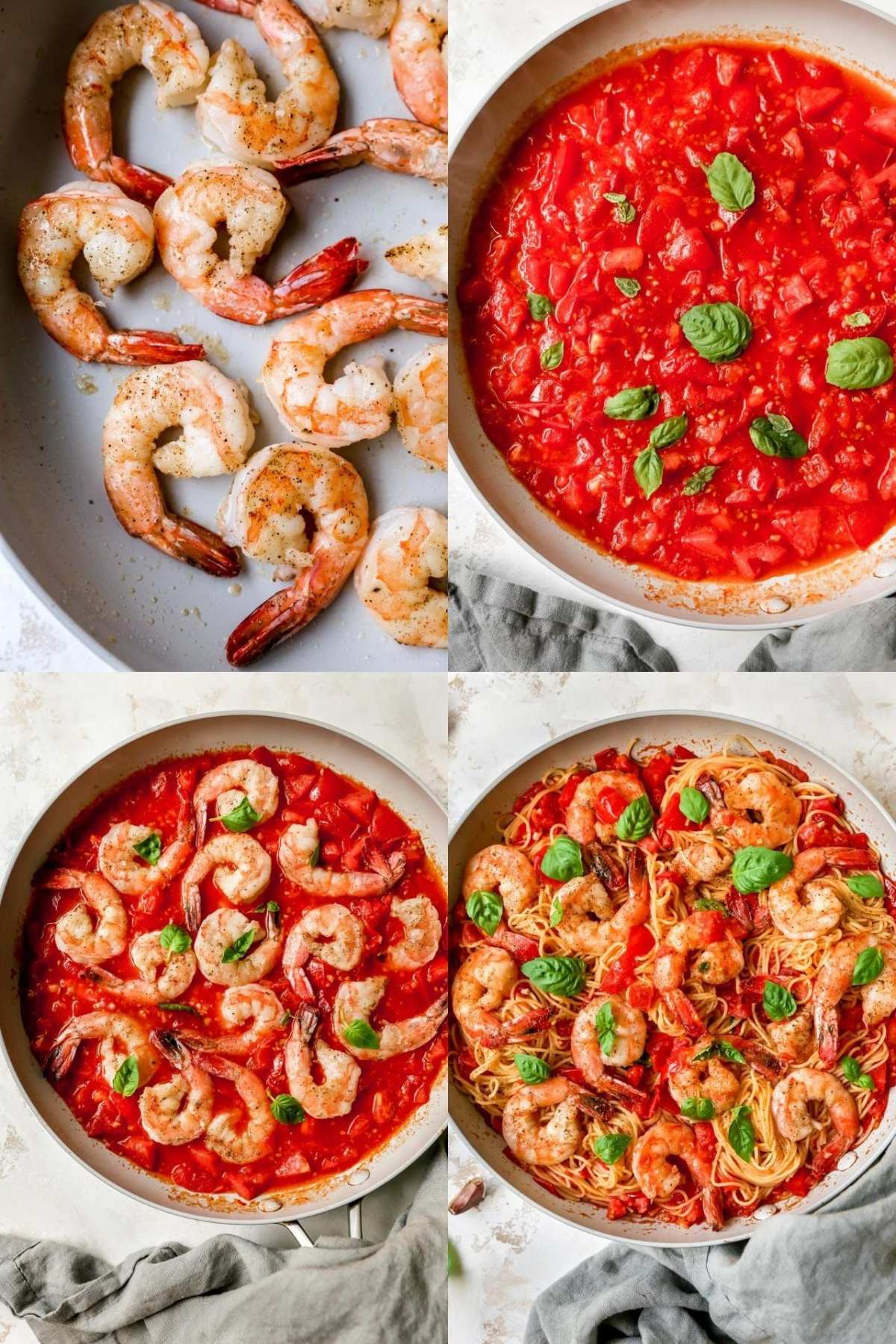 Process of cooking shrimp, sauce and pasta.