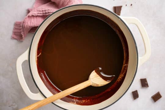 Melted chocolate in a large pot.