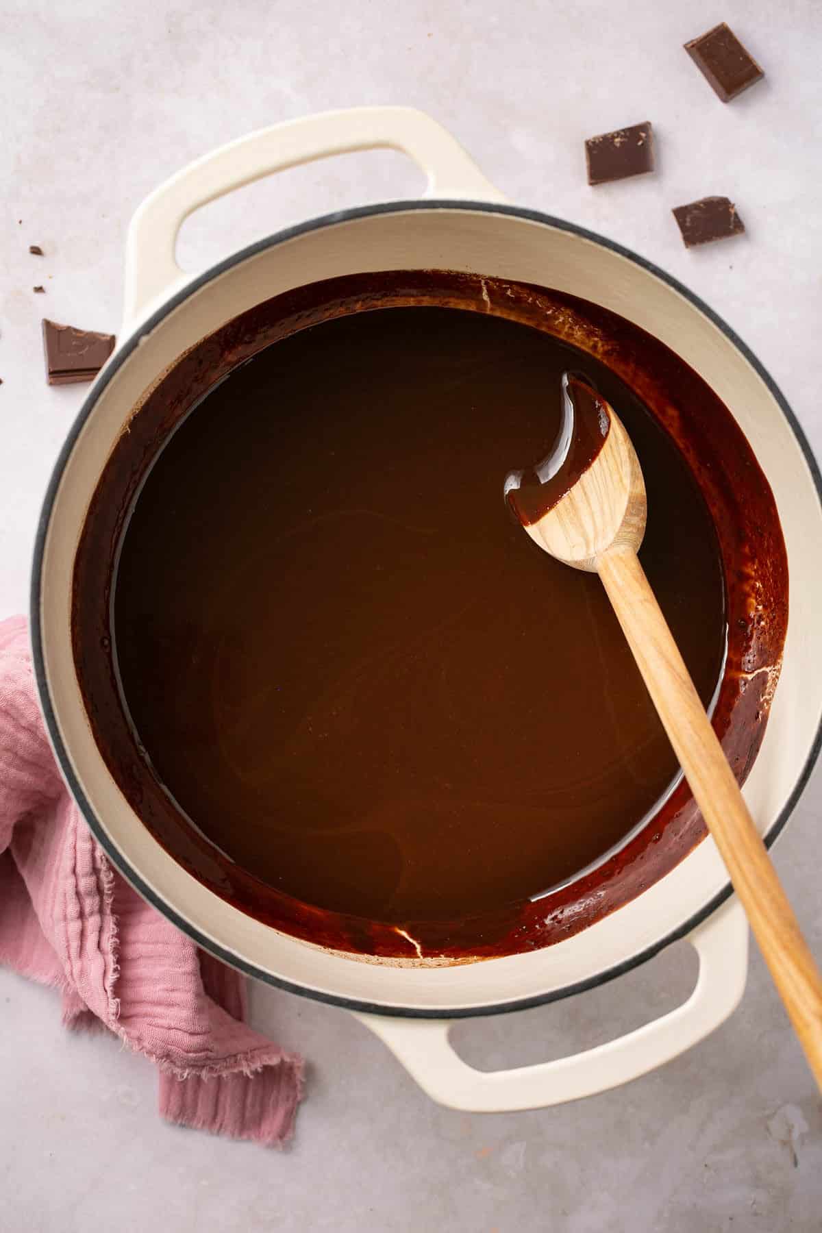 Melted chocolate in a large pot.