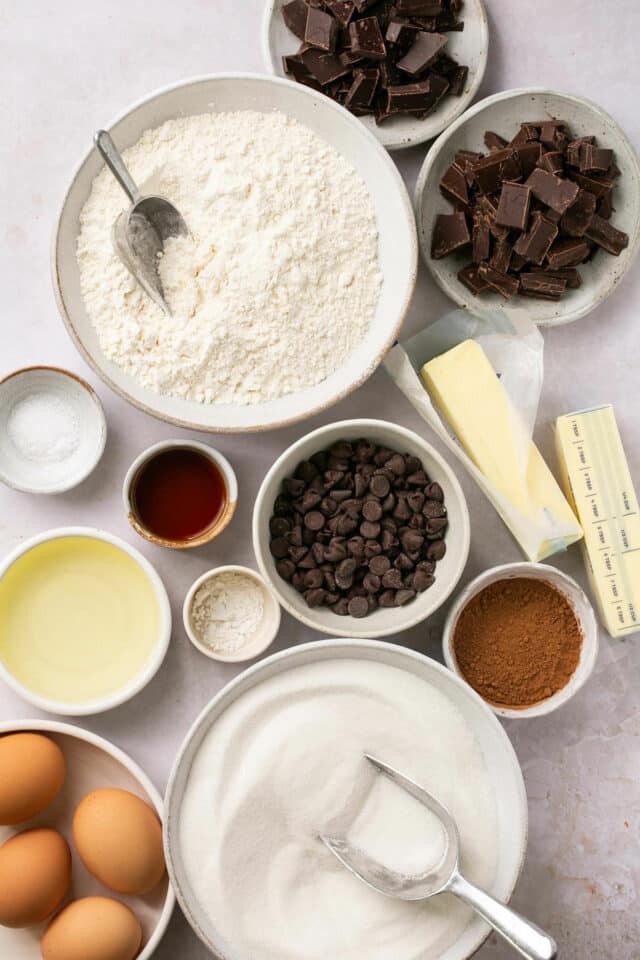 Ingredients to make brownies divided into small portions.