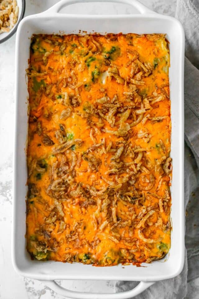 Baked casserole topped with cheese and crispy fried onions.
