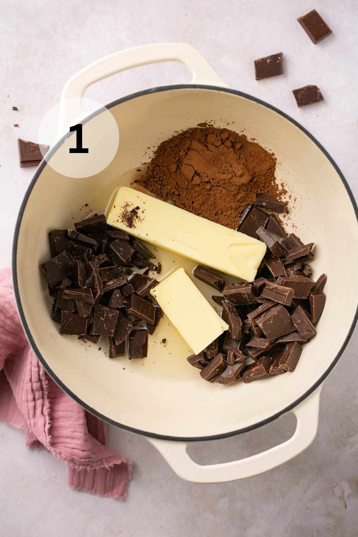 Chocolate, butter and cocoa powder in a large pot.