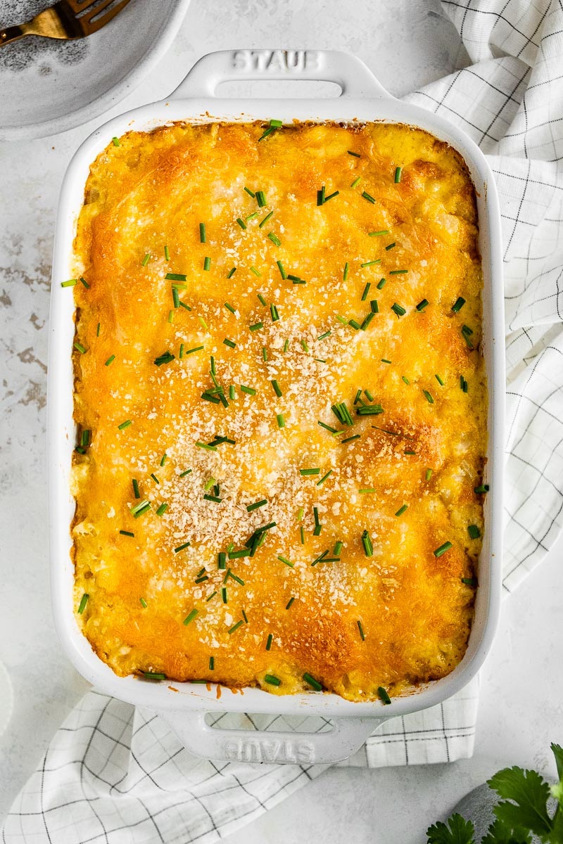 Baked funeral potatoes in a 9x13 dish.