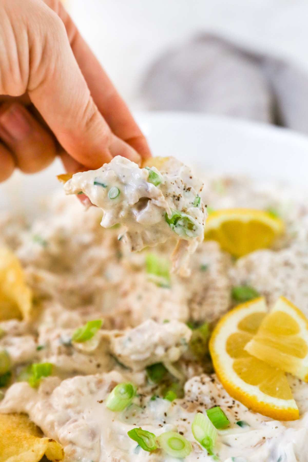 Hand dipping a chip into clam dip.