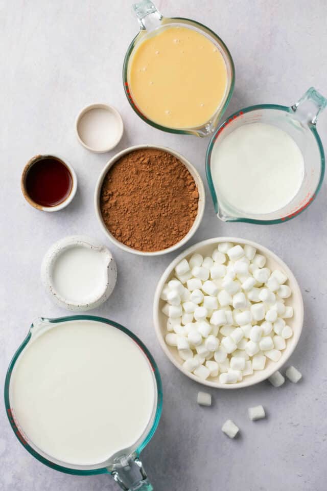 Milk, cocoa powder and other ingredients for making crockpot hot chocolate divided into bowls.
