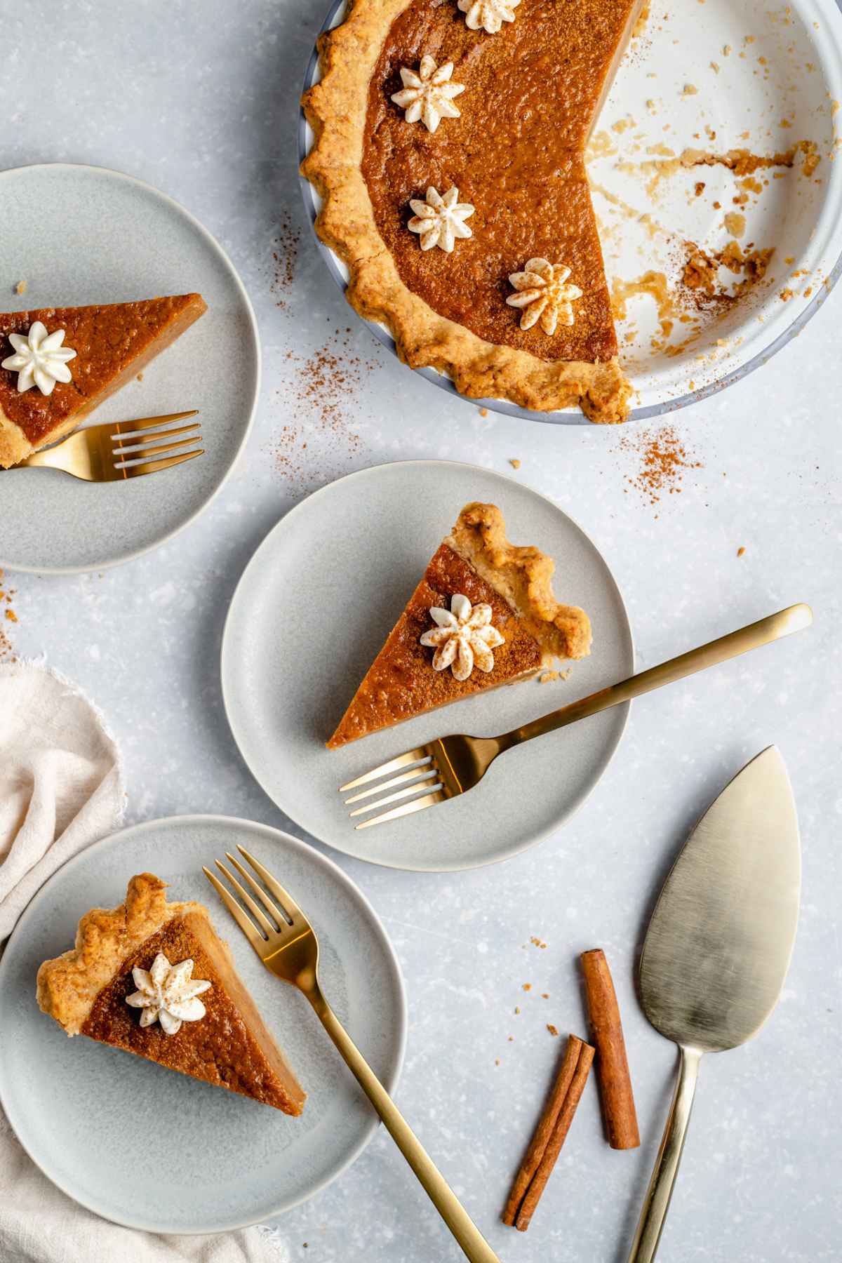 Slices of pie on plates with fork.