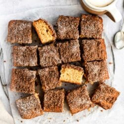 Pieces of coffee cake cut into squares.