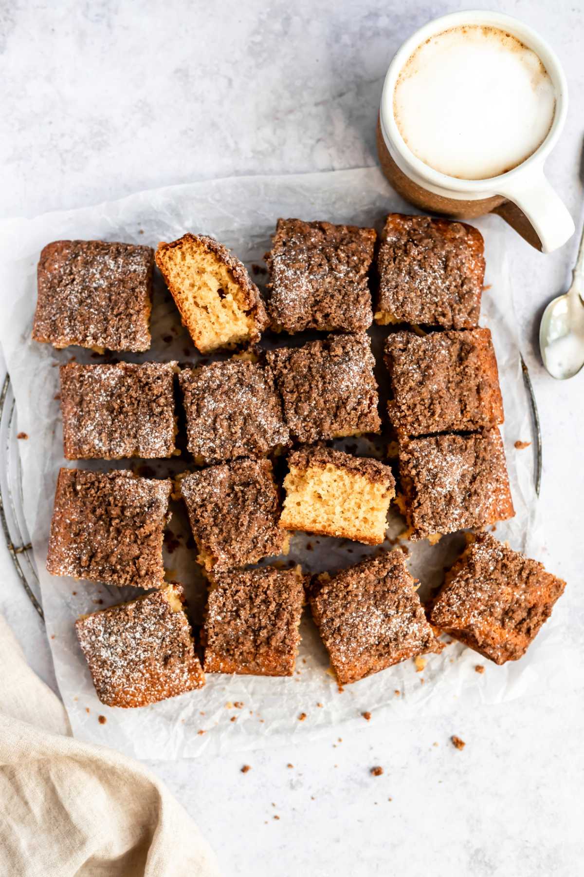Pieces of coffee cake cut into squares.