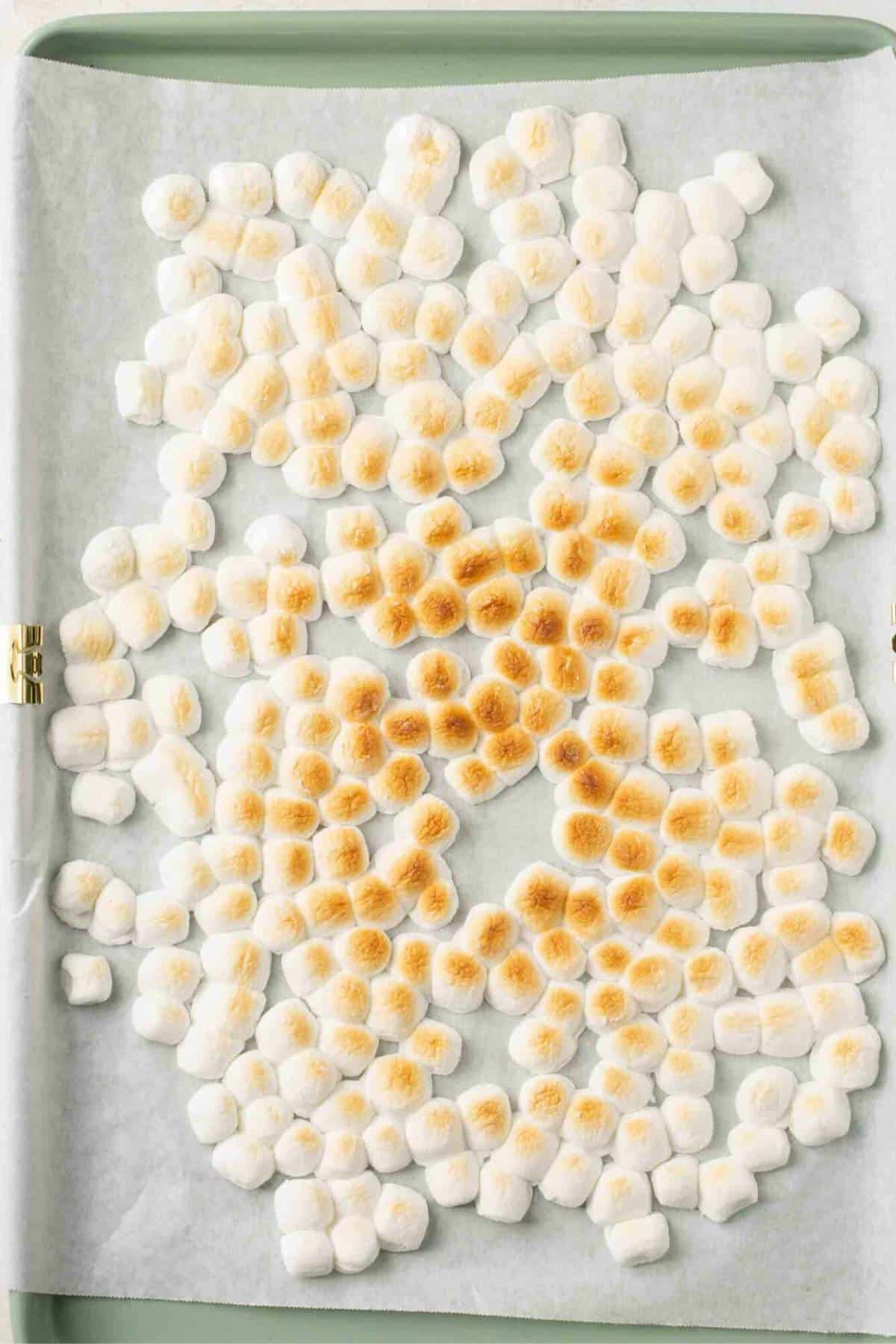 Toasted marshmallows on a baking sheet.
