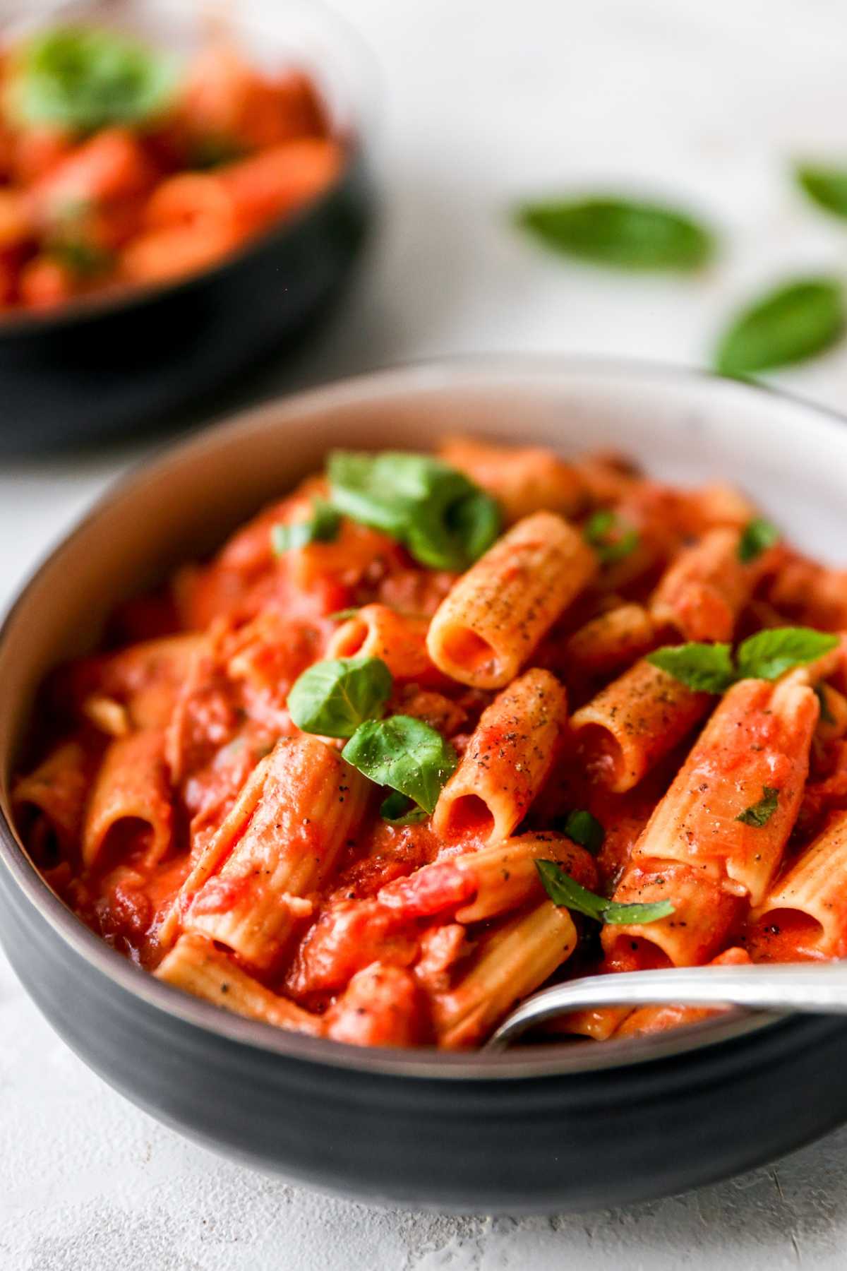 Side shot of pasta in sauce in a bowl and topped with fresh basil leaves.