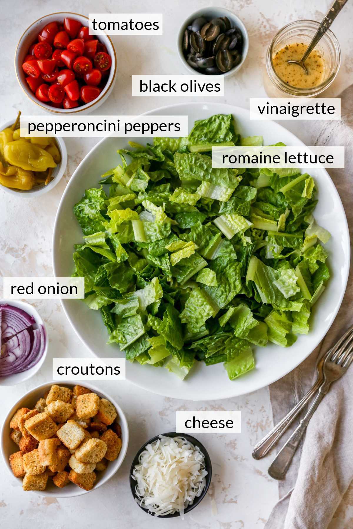 Lettuce, tomatoes, onions, cheese, croutons and black olives divided into small portions.