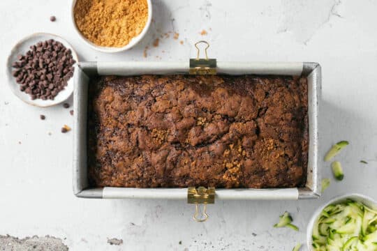 Chocolate zucchini bread baked in a loaf pan.