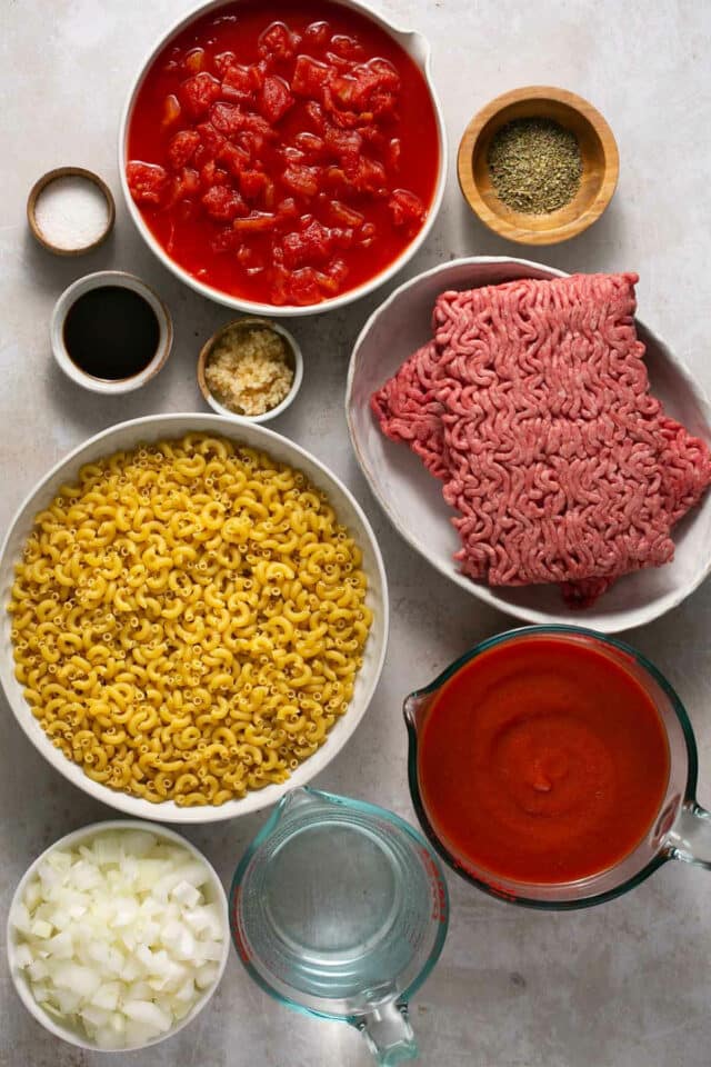 Raw ground beef, uncooked noodles, tomato sauce and seasonings divided into small bowls.