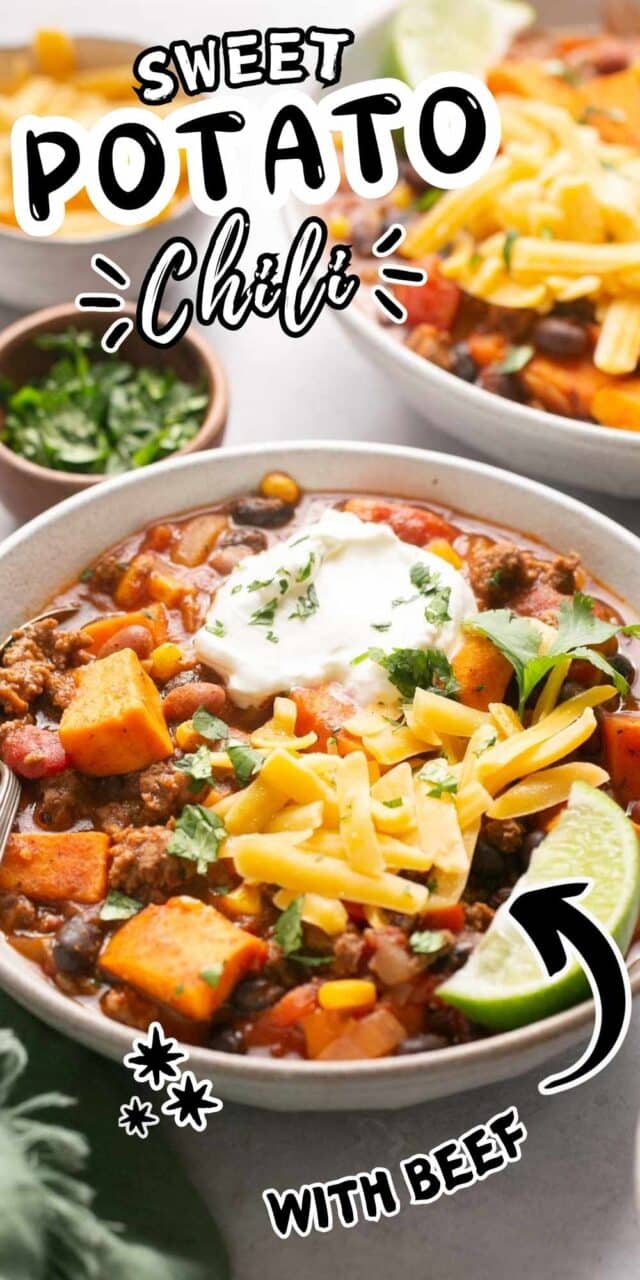 Chili with sweet potatoes and beef, and topped with shredded cheese and sour cream.