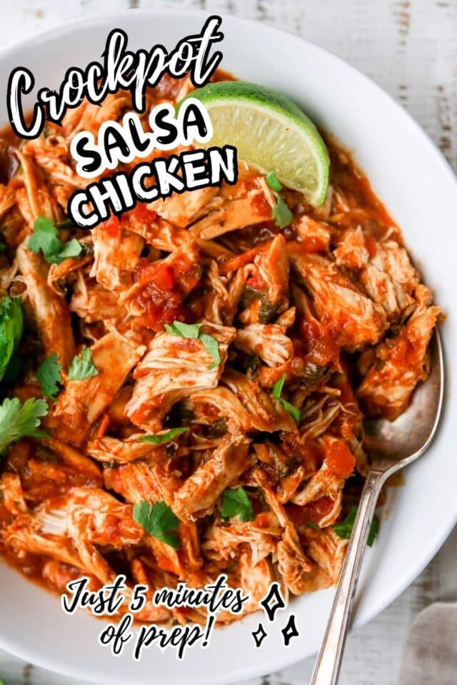 Pinterest image for crockpot salsa chicken.