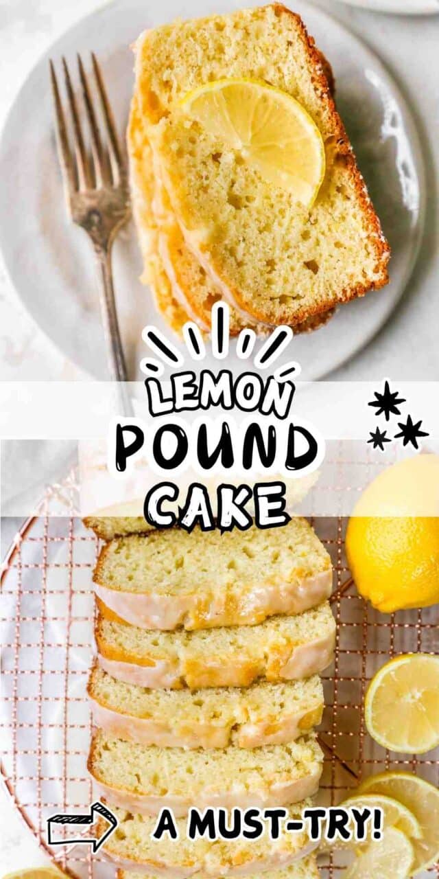 Sliced lemon pound cake with glaze.