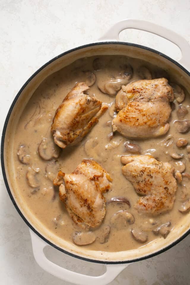 Chicken thighs add into pan with mushroom gravy.