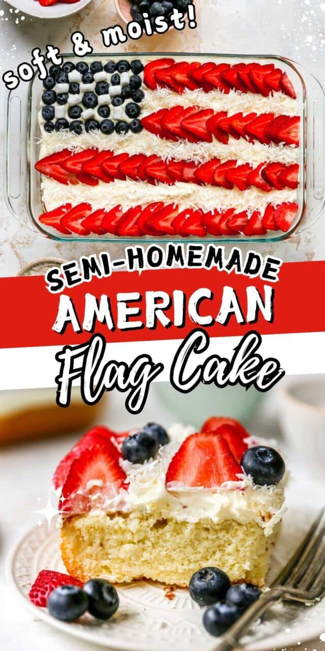 American flag cake decorated with strawberries and blueberries.