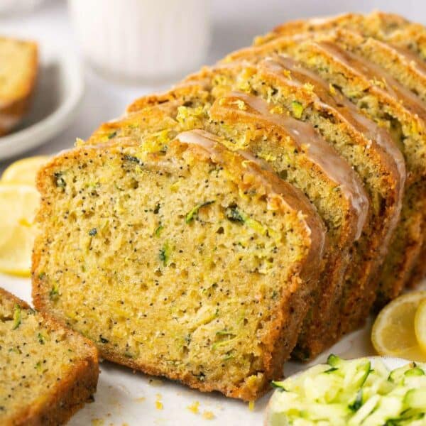 Lemon zucchini bread cut in slices.